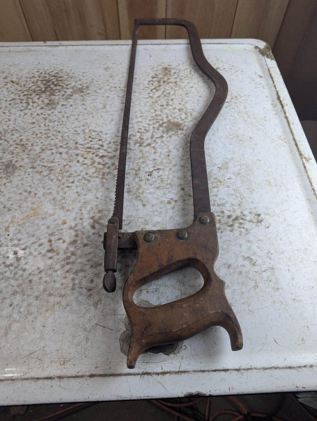 Antique Wood Handle Butcher's Meat and Bone Saw with Steel Frame and Blade Tensioner