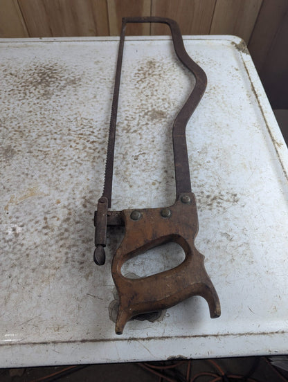 Antique Wood Handle Butcher's Meat and Bone Saw with Steel Frame and Blade Tensioner