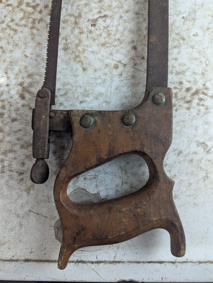 Antique Wood Handle Butcher's Meat and Bone Saw with Steel Frame and Blade Tensioner