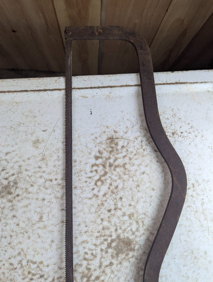 Antique Wood Handle Butcher's Meat and Bone Saw with Steel Frame and Blade Tensioner