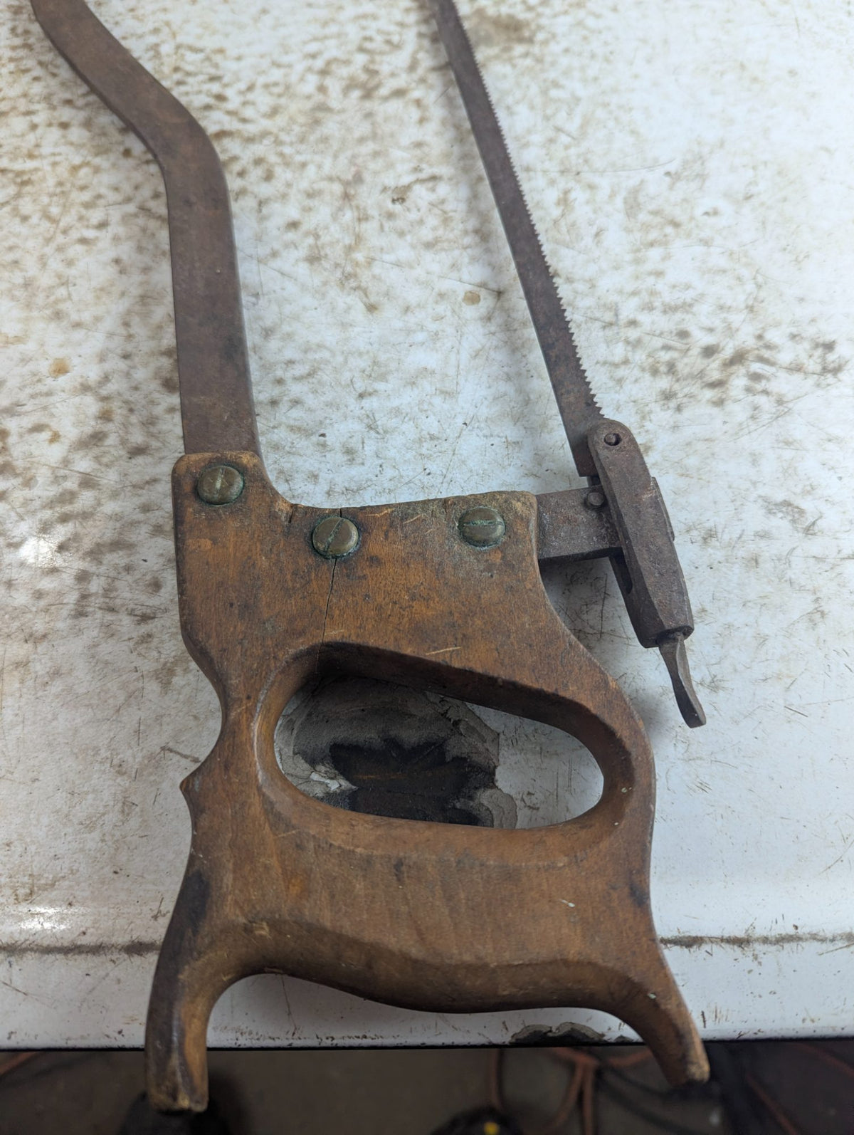 Antique Wood Handle Butcher's Meat and Bone Saw with Steel Frame and Blade Tensioner