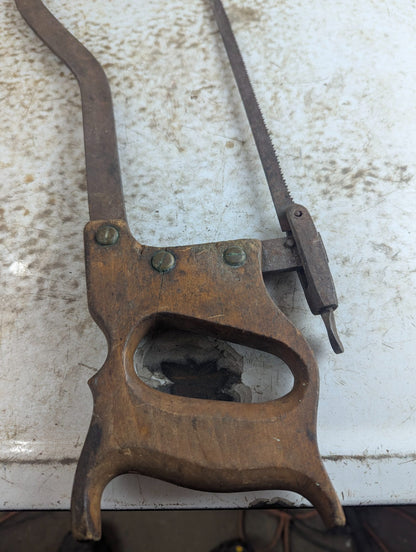 Antique Wood Handle Butcher's Meat and Bone Saw with Steel Frame and Blade Tensioner