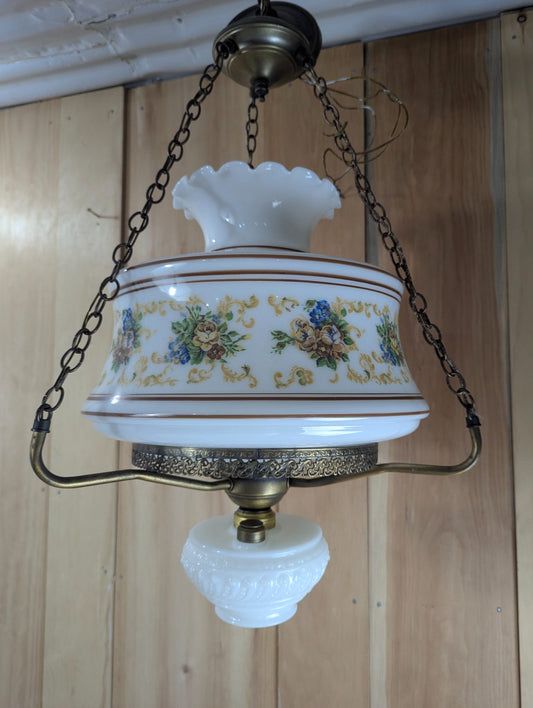 Vintage Milk Glass Floral Electric  Hanging Lamp with Brass Fittings