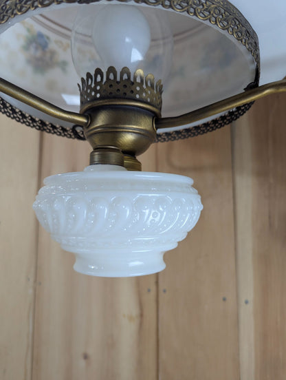 Vintage Milk Glass Floral Electric  Hanging Lamp with Brass Fittings