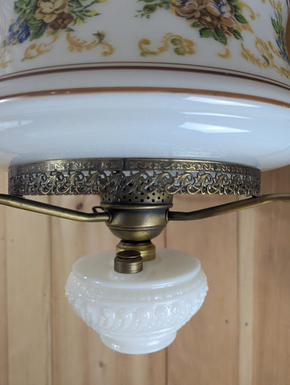 Vintage Milk Glass Floral Electric  Hanging Lamp with Brass Fittings