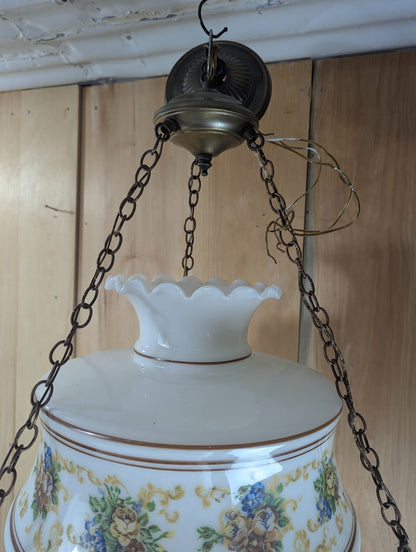 Vintage Milk Glass Floral Electric  Hanging Lamp with Brass Fittings