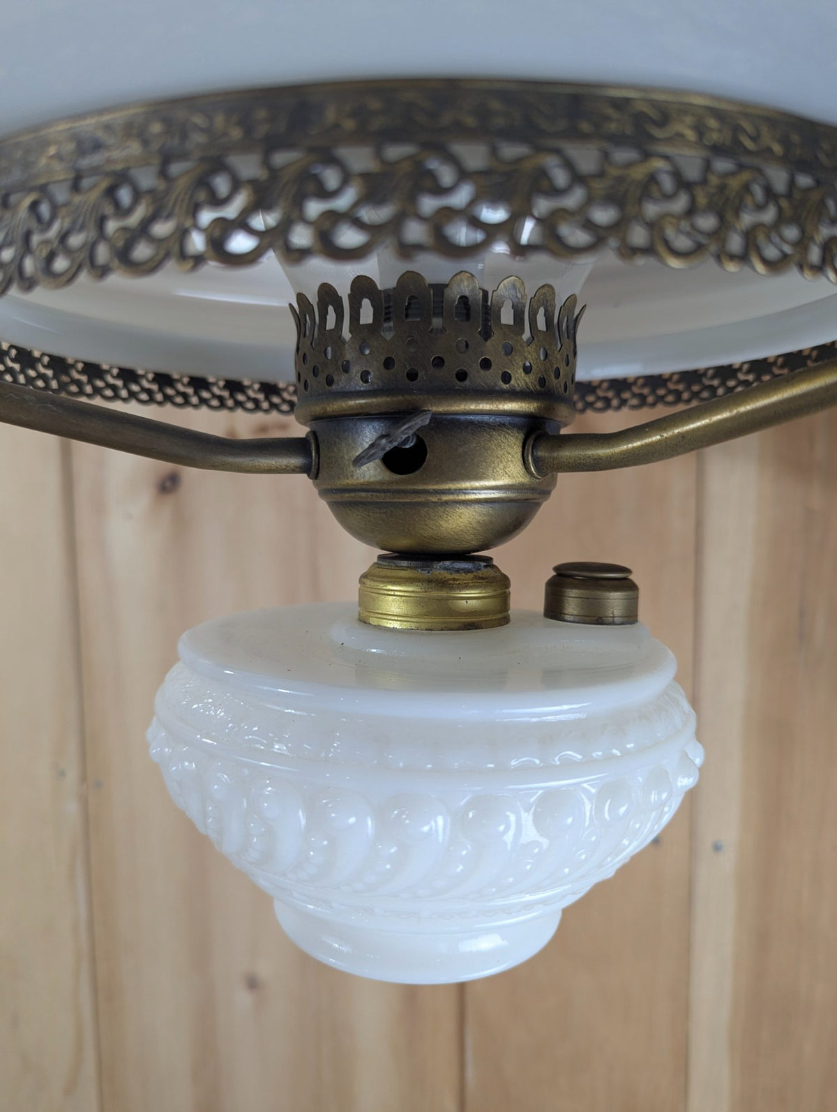 Vintage Milk Glass Floral Electric  Hanging Lamp with Brass Fittings