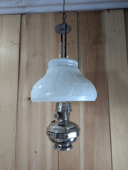 Vintage Aladdin No. 11 Nickel Hanging Oil Lamp, Milk Glass Shade 25" Tall