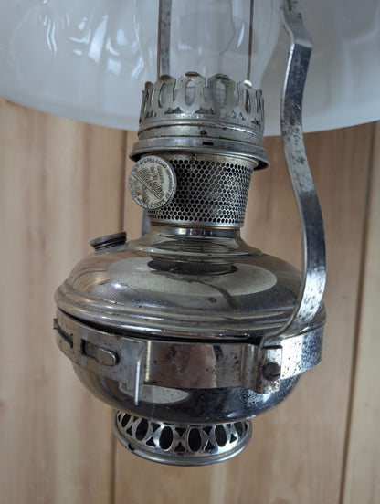 Vintage Aladdin No. 11 Nickel Hanging Oil Lamp, Milk Glass Shade 25" Tall