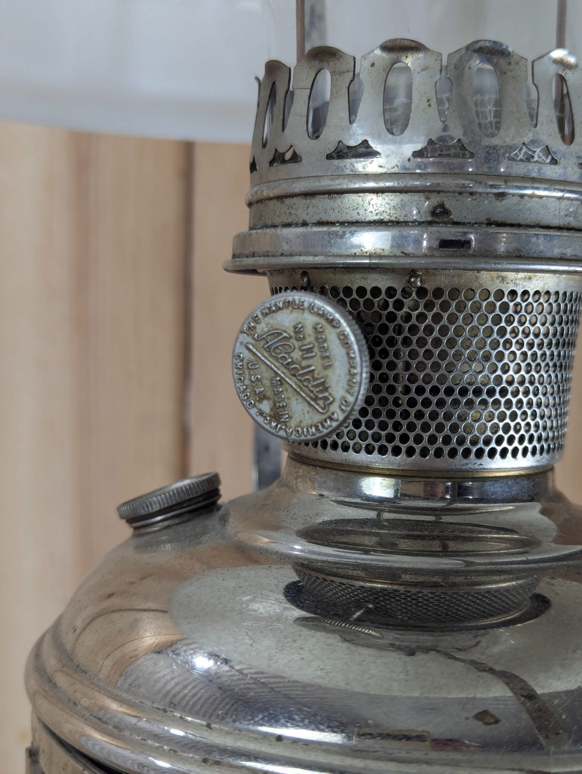 Vintage Aladdin No. 11 Nickel Hanging Oil Lamp, Milk Glass Shade 25" Tall