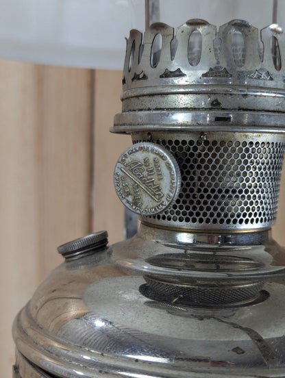 Vintage Aladdin No. 11 Nickel Hanging Oil Lamp, Milk Glass Shade 25" Tall