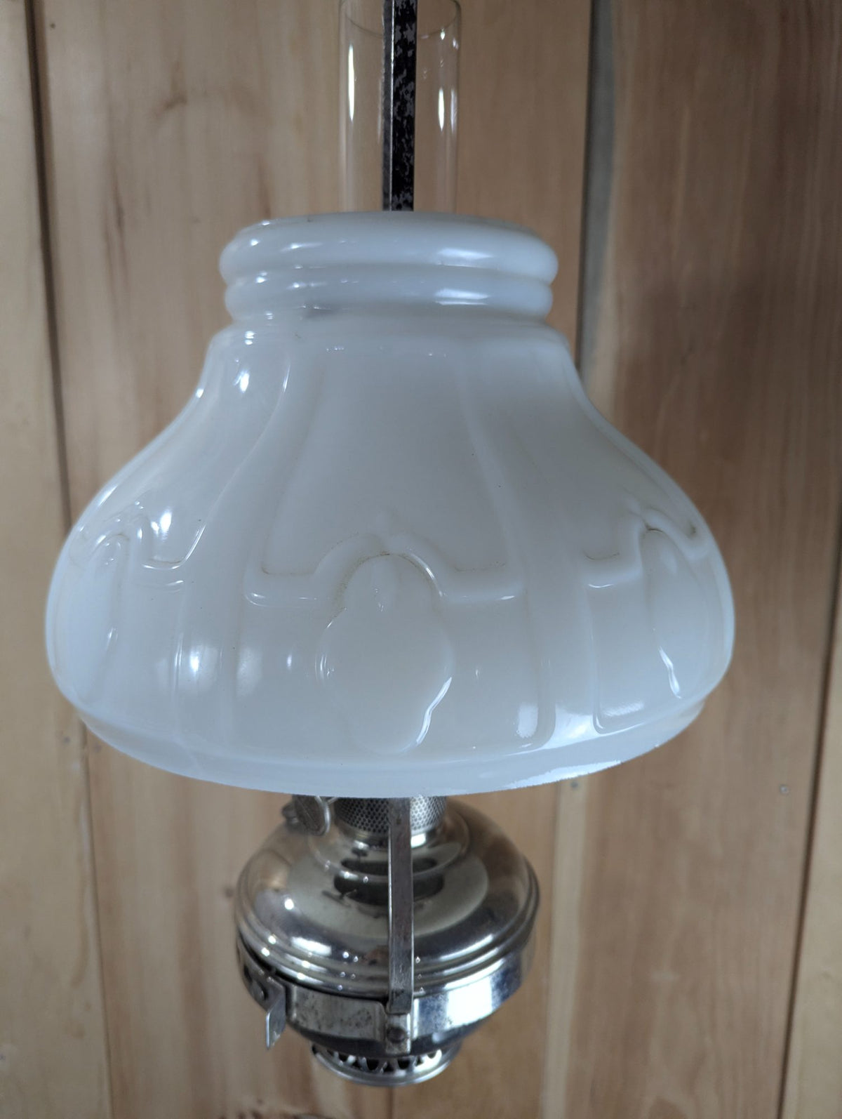 Vintage Aladdin No. 11 Nickel Hanging Oil Lamp, Milk Glass Shade 25" Tall