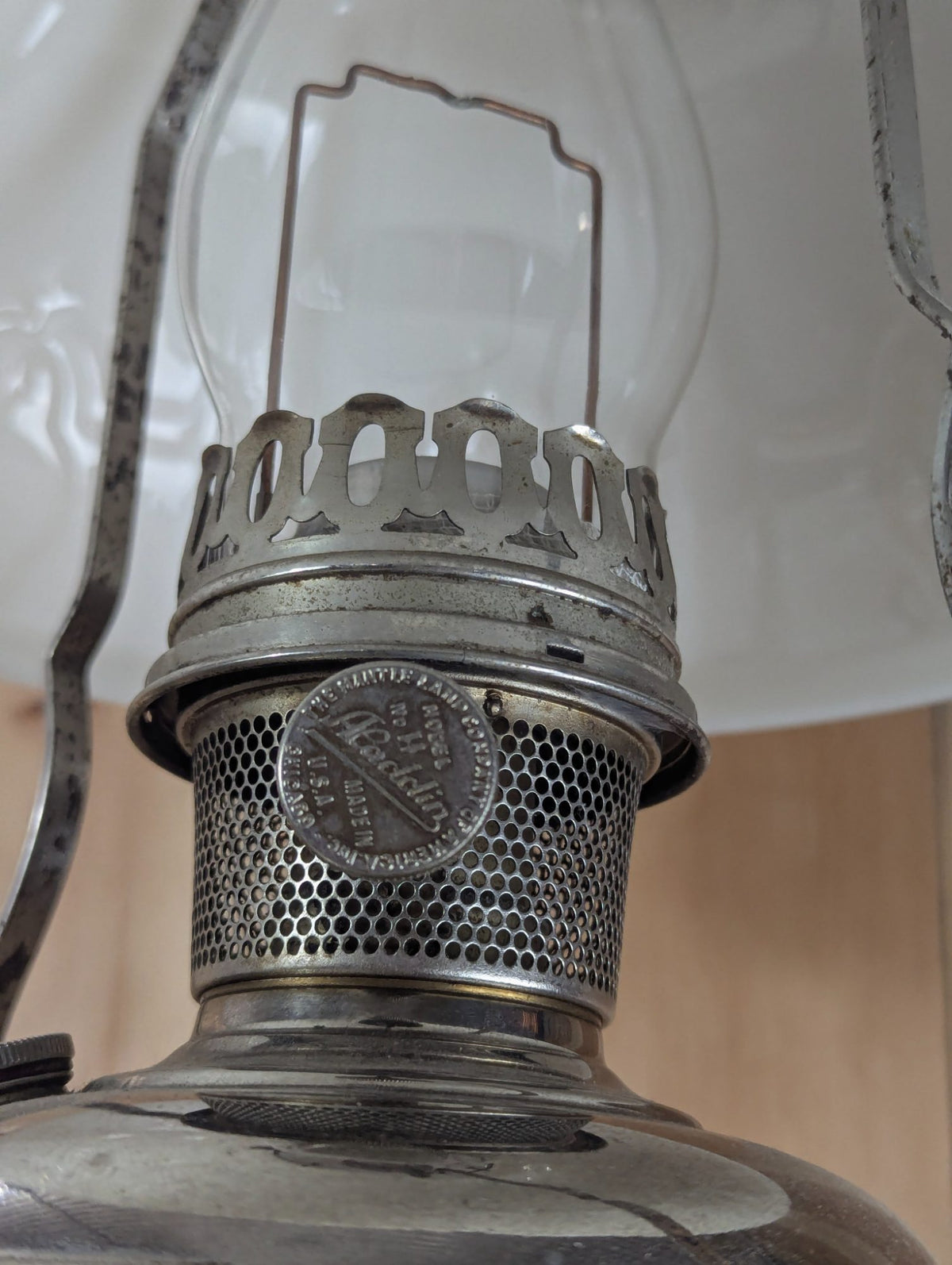 Vintage Aladdin No. 11 Nickel Hanging Oil Lamp, Milk Glass Shade 25" Tall