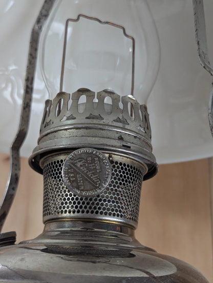 Vintage Aladdin No. 11 Nickel Hanging Oil Lamp, Milk Glass Shade 25" Tall