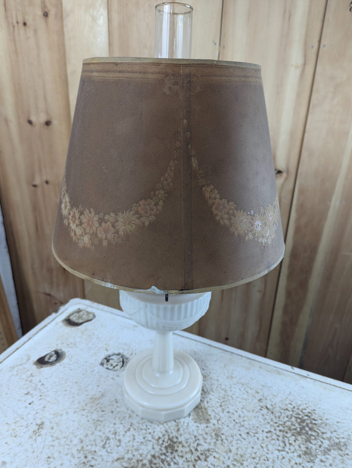1940s Aladdin Lincoln Drapes Milk Glass Oil Lamp with Paper Shade
