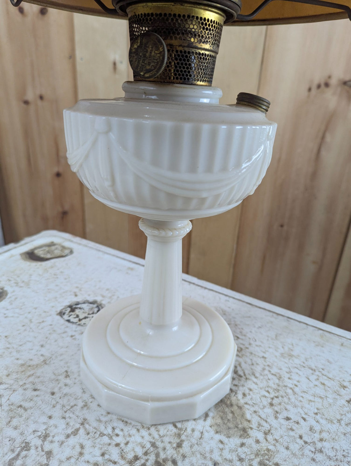 1940s Aladdin Lincoln Drapes Milk Glass Oil Lamp with Paper Shade