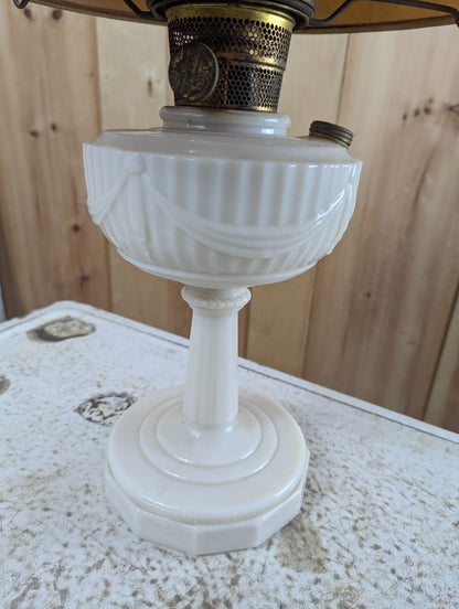 1940s Aladdin Lincoln Drapes Milk Glass Oil Lamp with Paper Shade