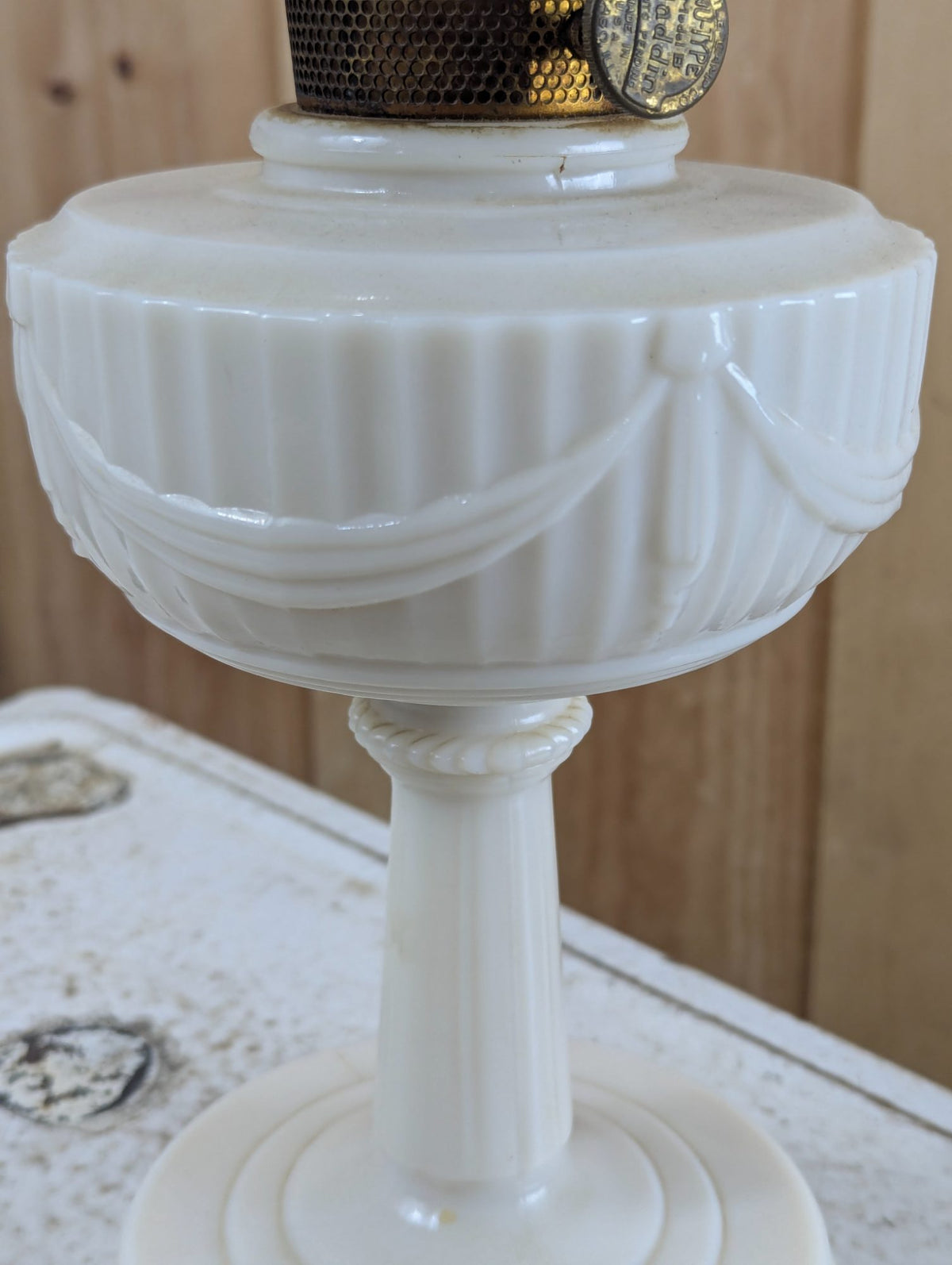 1940s Aladdin Lincoln Drapes Milk Glass Oil Lamp with Paper Shade