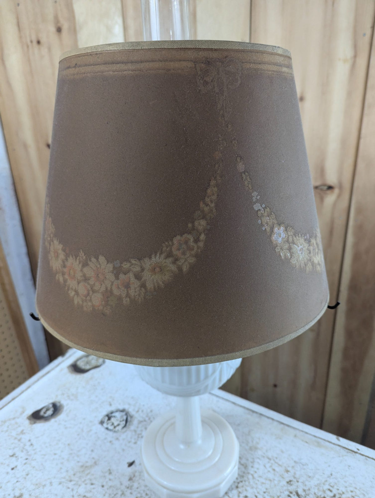 1940s Aladdin Lincoln Drapes Milk Glass Oil Lamp with Paper Shade
