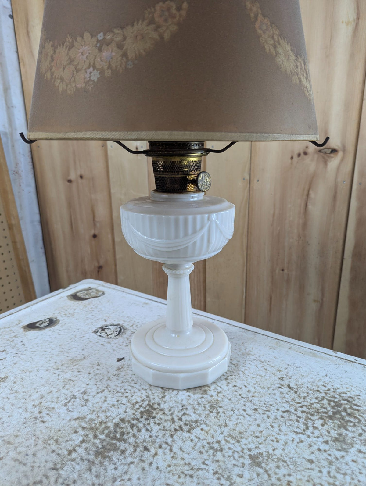1940s Aladdin Lincoln Drapes Milk Glass Oil Lamp with Paper Shade
