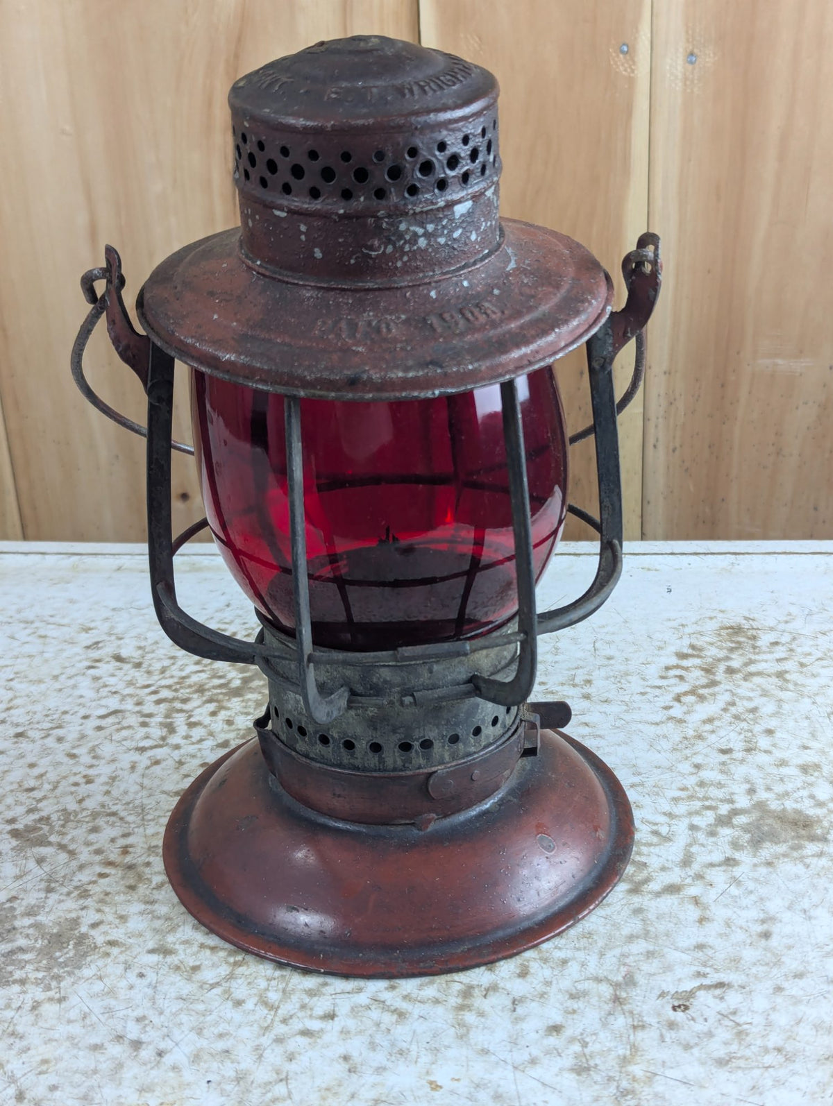 Antique E.T. Wright 1908 Patent Red Globe Railroad Lantern