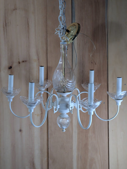 Vintage White Painted Brass Chandelier with Glass Shades and Crystal Center