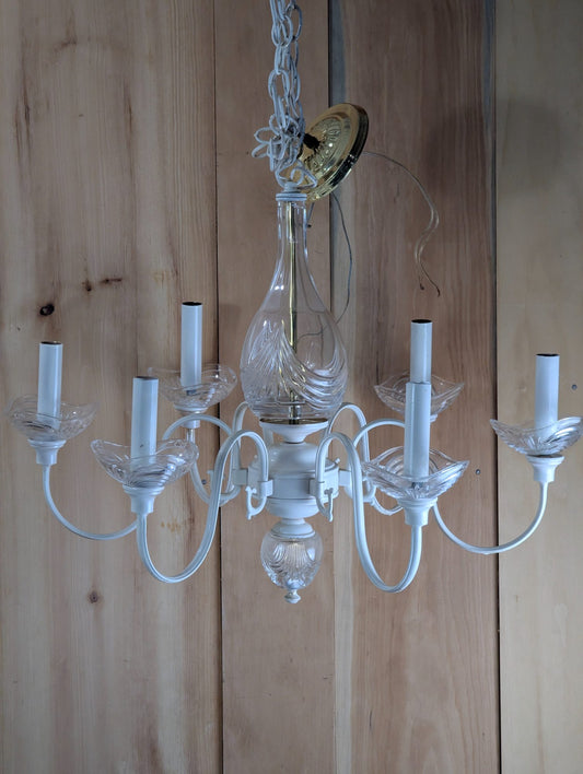 Vintage White Painted Brass Chandelier with Glass Shades and Crystal Center