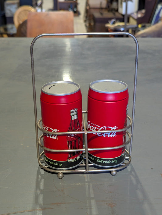 Vintage Coca-Cola Can Salt and Pepper Shakers with Chrome Wire Caddy