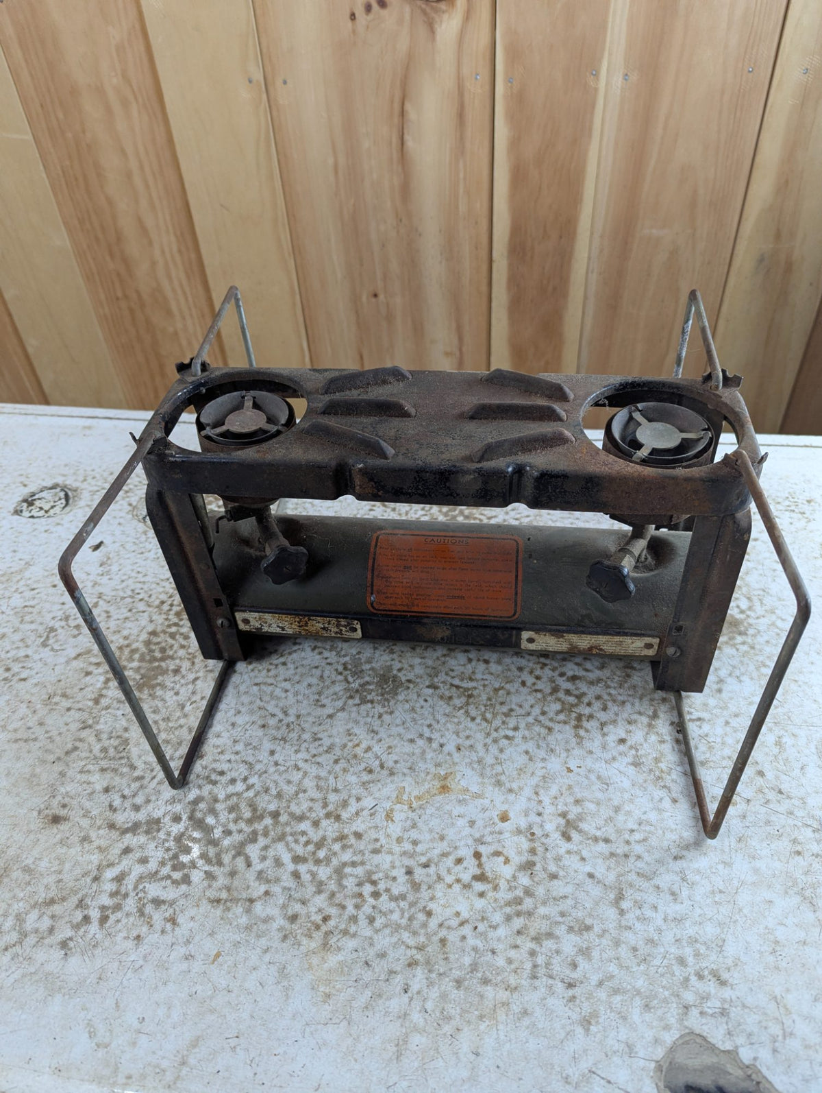 1940s US Army Two-Burner Gasoline Camp Stove with Folding Wire Stand