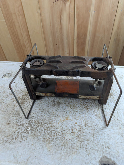 1940s US Army Two-Burner Gasoline Camp Stove with Folding Wire Stand