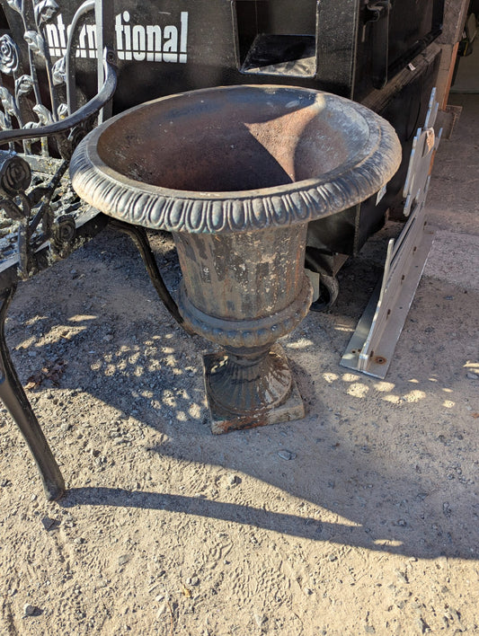 Vintage Cast Iron Garden Urn Planter with Egg and Dart Rim and Square Base