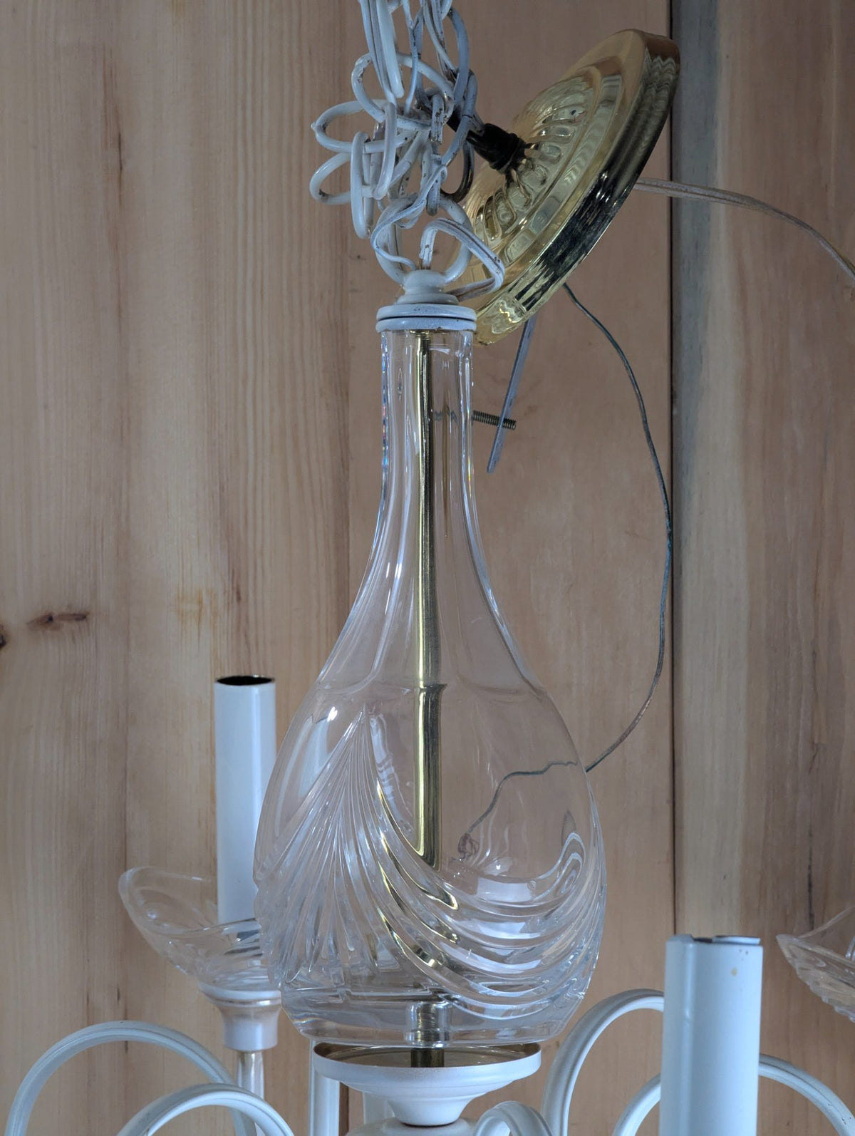 Vintage White Painted Brass Chandelier with Glass Shades and Crystal Center