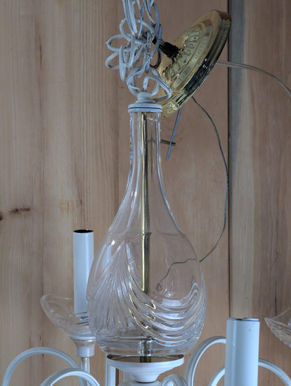 Vintage White Painted Brass Chandelier with Glass Shades and Crystal Center
