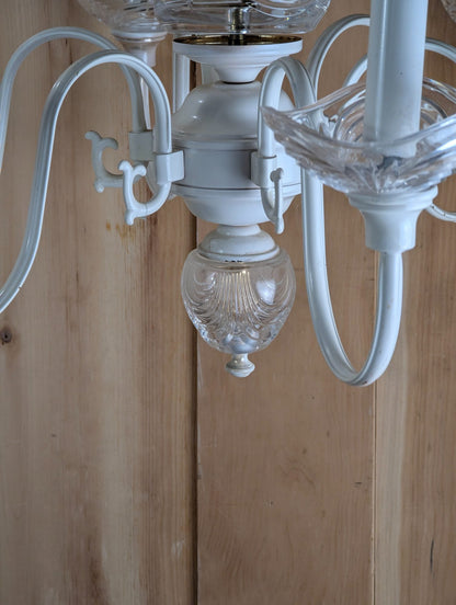 Vintage White Painted Brass Chandelier with Glass Shades and Crystal Center