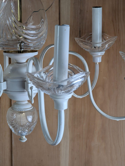 Vintage White Painted Brass Chandelier with Glass Shades and Crystal Center