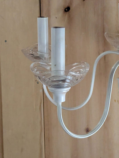 Vintage White Painted Brass Chandelier with Glass Shades and Crystal Center