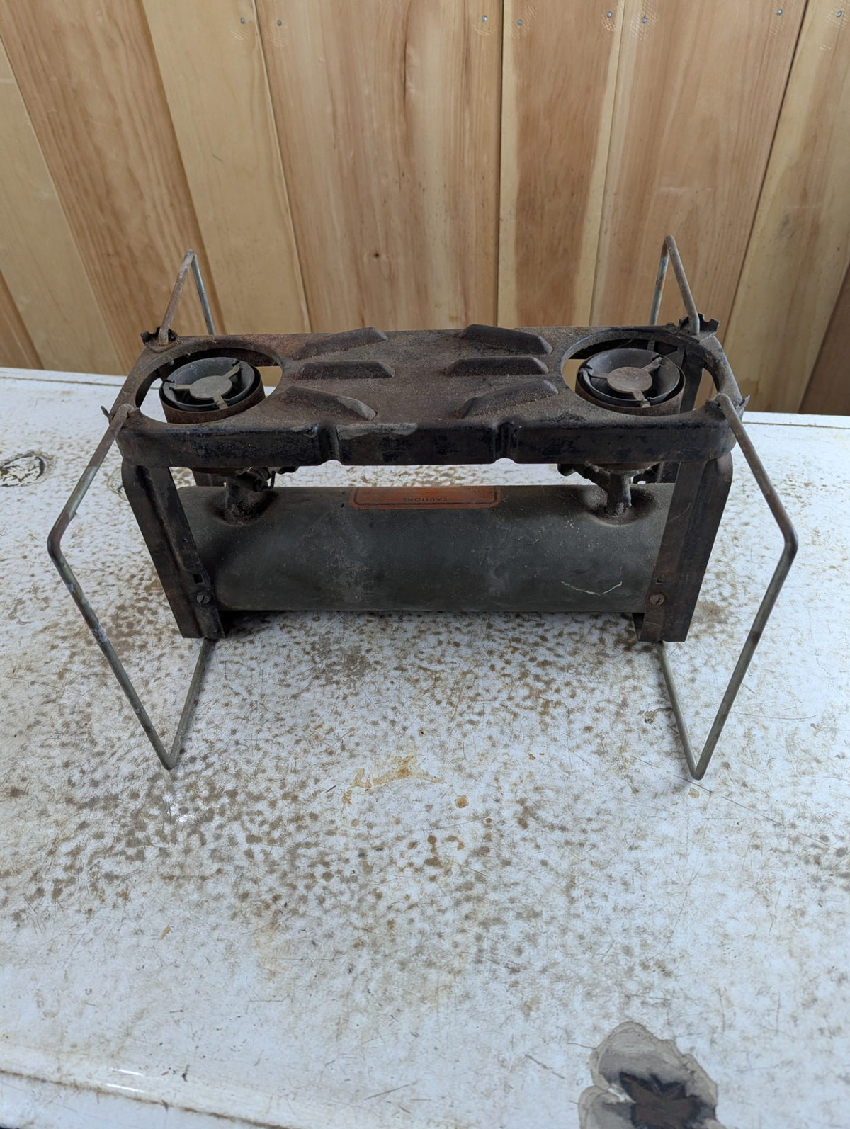 1940s US Army Two-Burner Gasoline Camp Stove with Folding Wire Stand