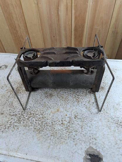 1940s US Army Two-Burner Gasoline Camp Stove with Folding Wire Stand