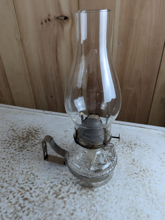 Vintage Pressed Glass Oil Lamp with Chimney and Wall Mount Bracket