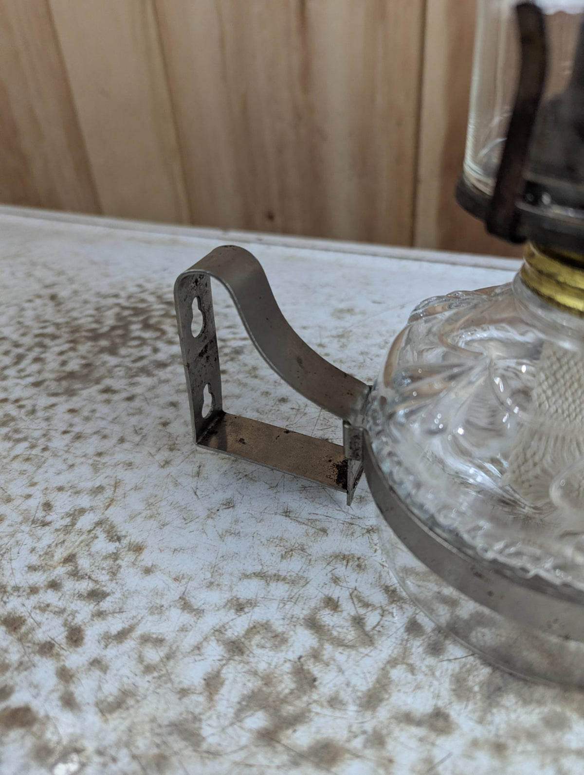 Vintage Pressed Glass Oil Lamp with Chimney and Wall Mount Bracket