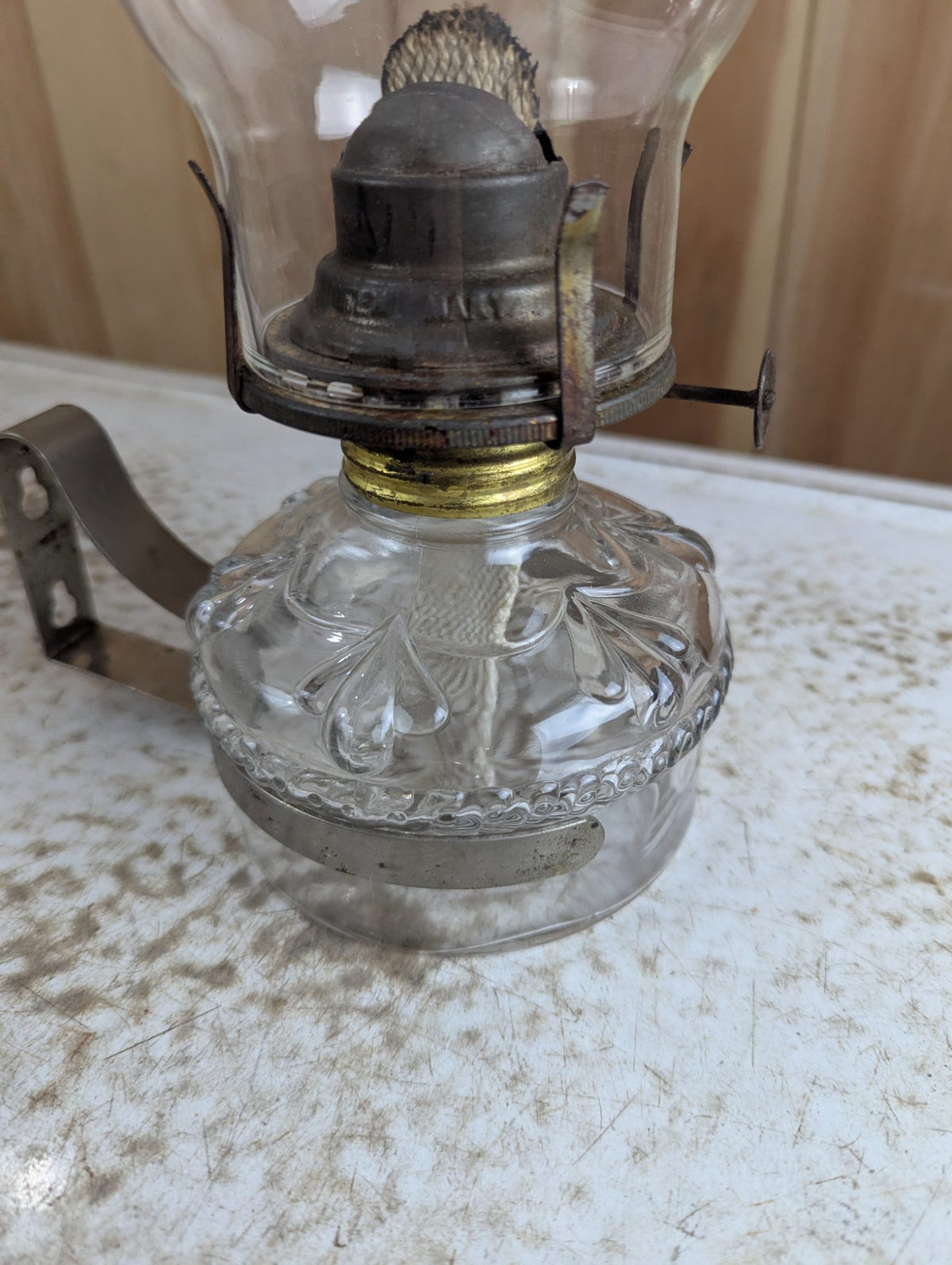 Vintage Pressed Glass Oil Lamp with Chimney and Wall Mount Bracket