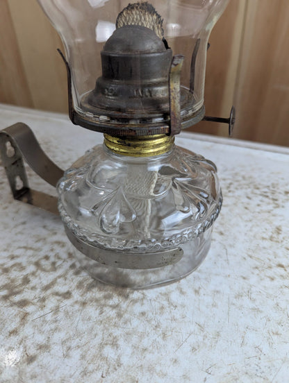 Vintage Pressed Glass Oil Lamp with Chimney and Wall Mount Bracket