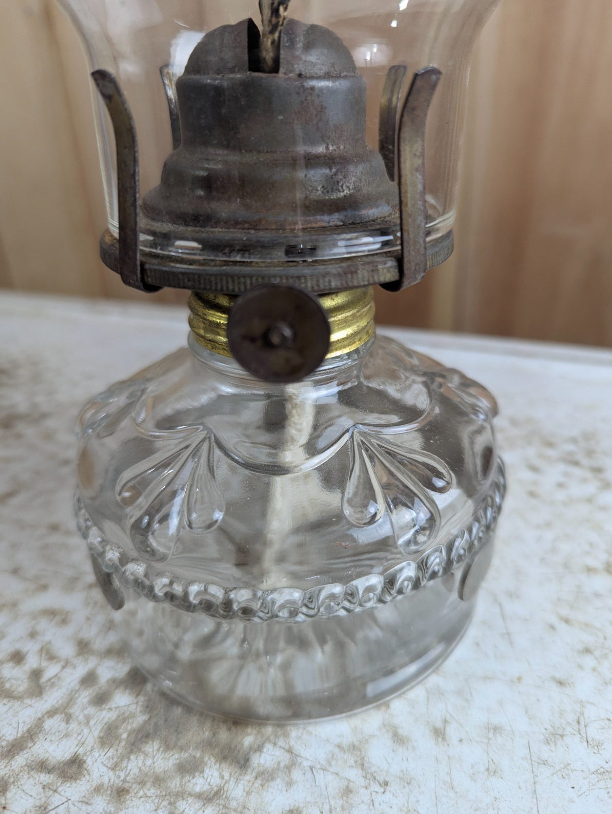 Vintage Pressed Glass Oil Lamp with Chimney and Wall Mount Bracket