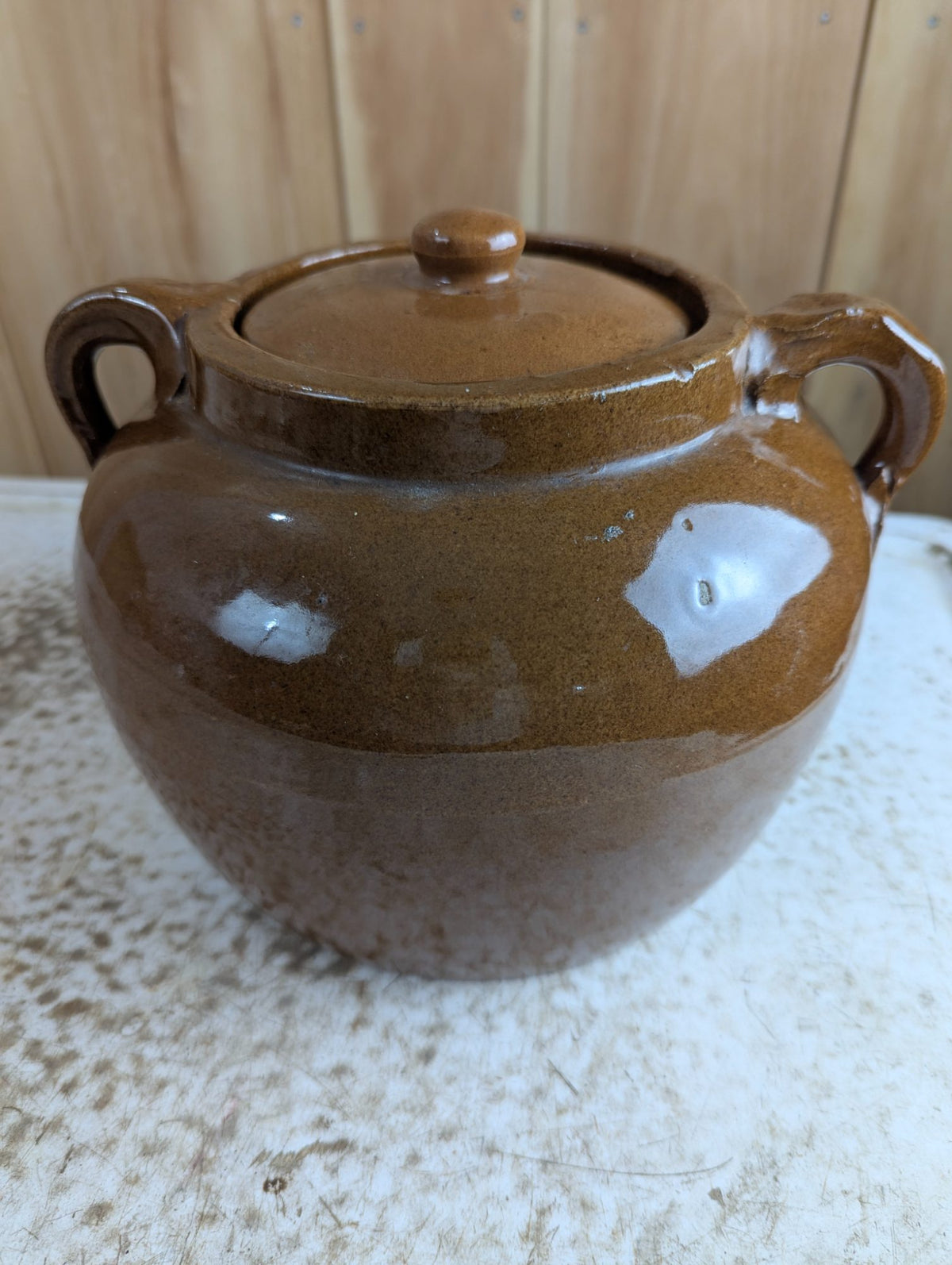Vintage Medalta Potteries Brown Glazed Stoneware Bean Pot with Lid