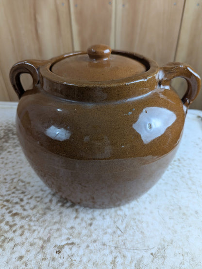 Vintage Medalta Potteries Brown Glazed Stoneware Bean Pot with Lid