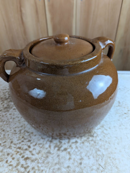 Vintage Medalta Potteries Brown Glazed Stoneware Bean Pot with Lid