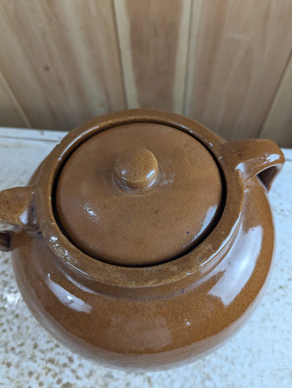 Vintage Medalta Potteries Brown Glazed Stoneware Bean Pot with Lid