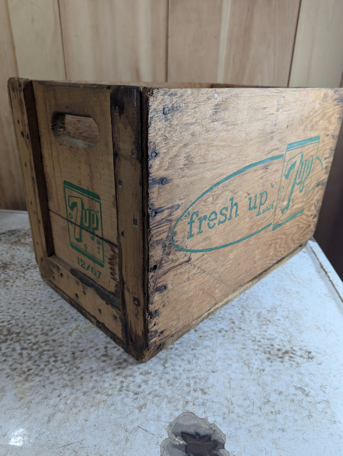 1960s 7UP Wooden Bottle Crate with Green Logo and 12/67 Date Stamp