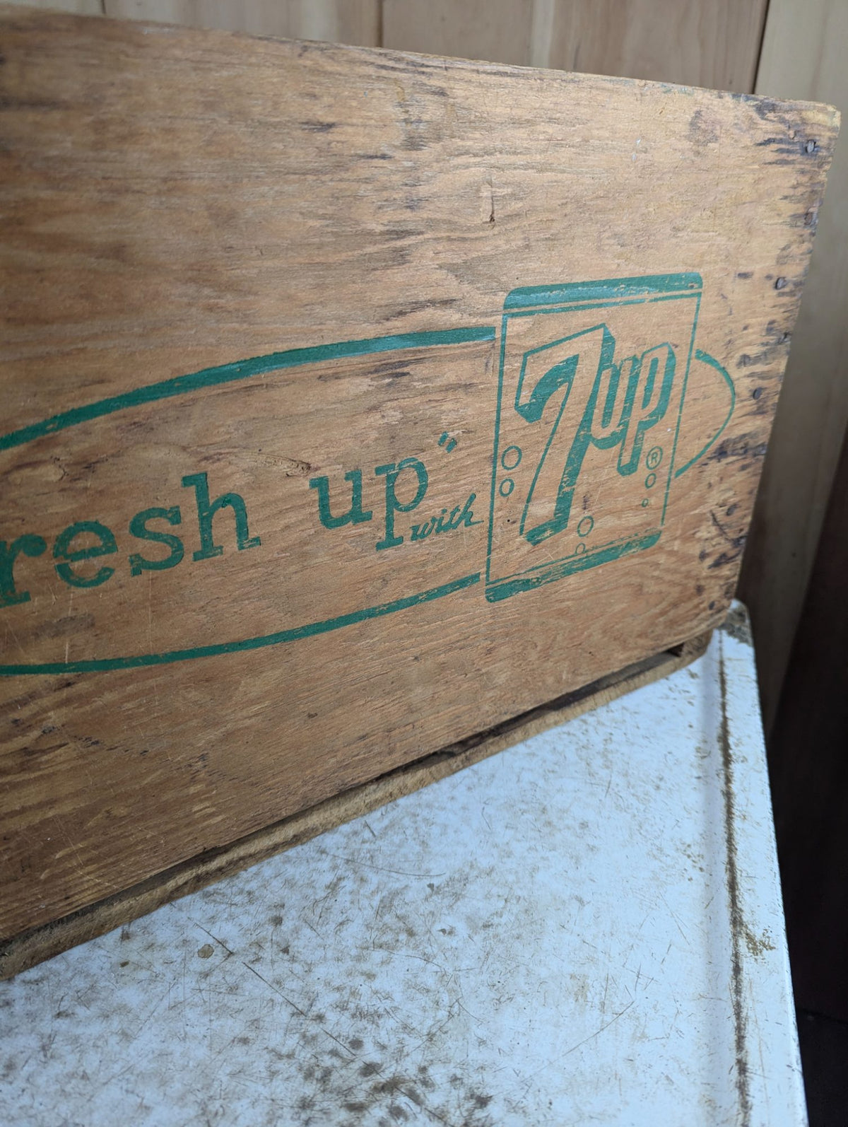 1960s 7UP Wooden Bottle Crate with Green Logo and 12/67 Date Stamp
