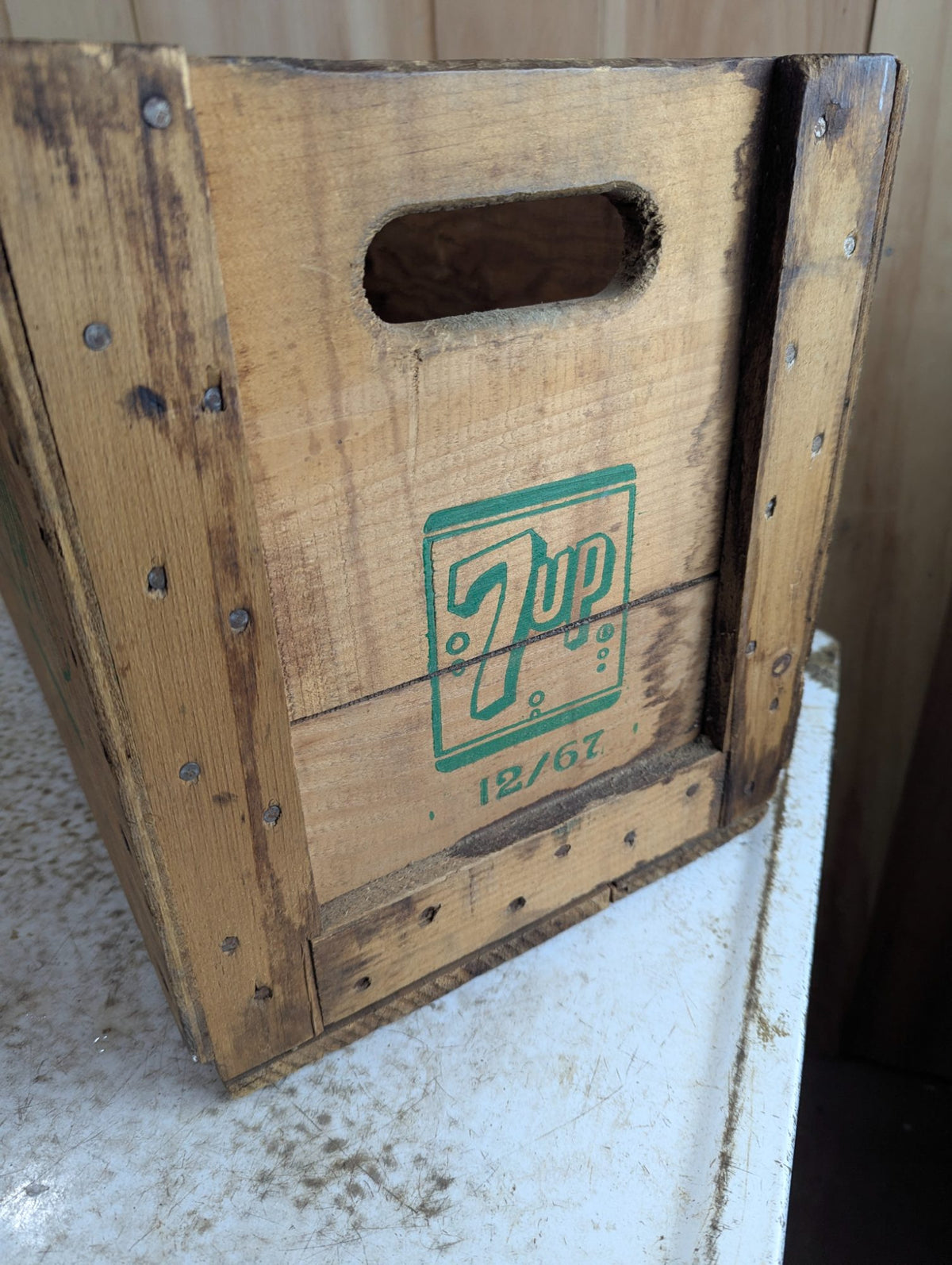 1960s 7UP Wooden Bottle Crate with Green Logo and 12/67 Date Stamp